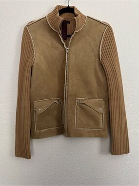 Vintage Ralph Lauren Tan Faux Sherpa Suede Zip Up Ribbed Knit Jacket Medium